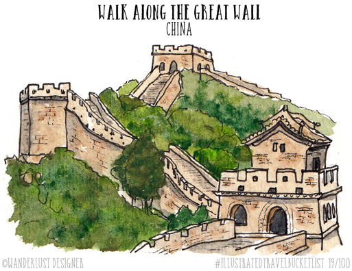 Walk Along the Great Wall, China - Illustrated Travel Bucket List by Wanderlust Designer